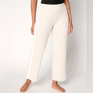 Barefoot Dreams Tall Contrast Stripe Rib Ankle Pant, Almond/Pearl, Sz S, NWOT